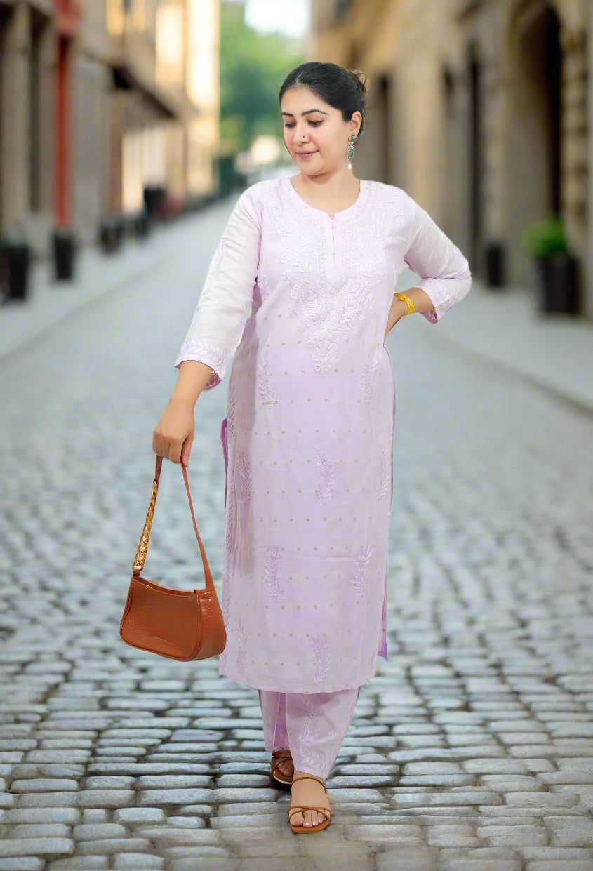 Lavender Chikankari Chanderi Kurta Pant Set