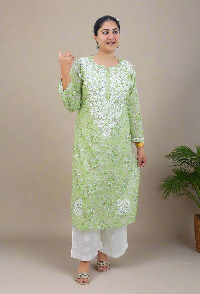 Pista Green Mul Cotton Chikankari Kurta