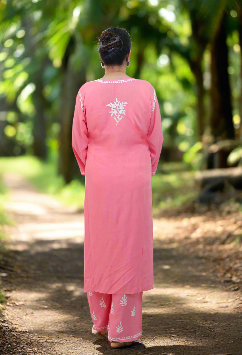 Pink Chikankari Modal Kurta Pant Set