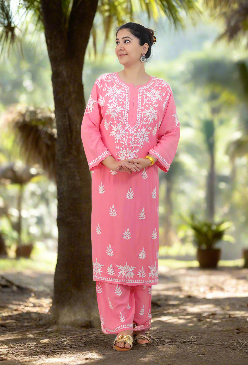 Pink Chikankari Modal Kurta Pant Set