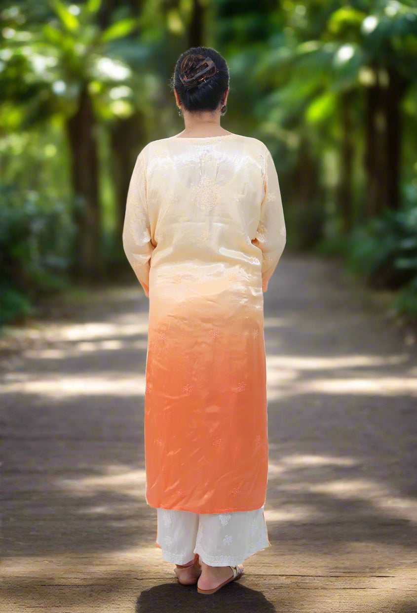 Orange Ombre Modal Satin Chikankari Kurta