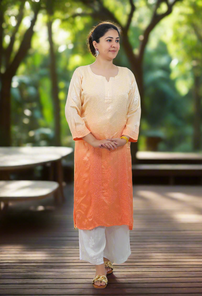 Orange Ombre Modal Satin Chikankari Kurta