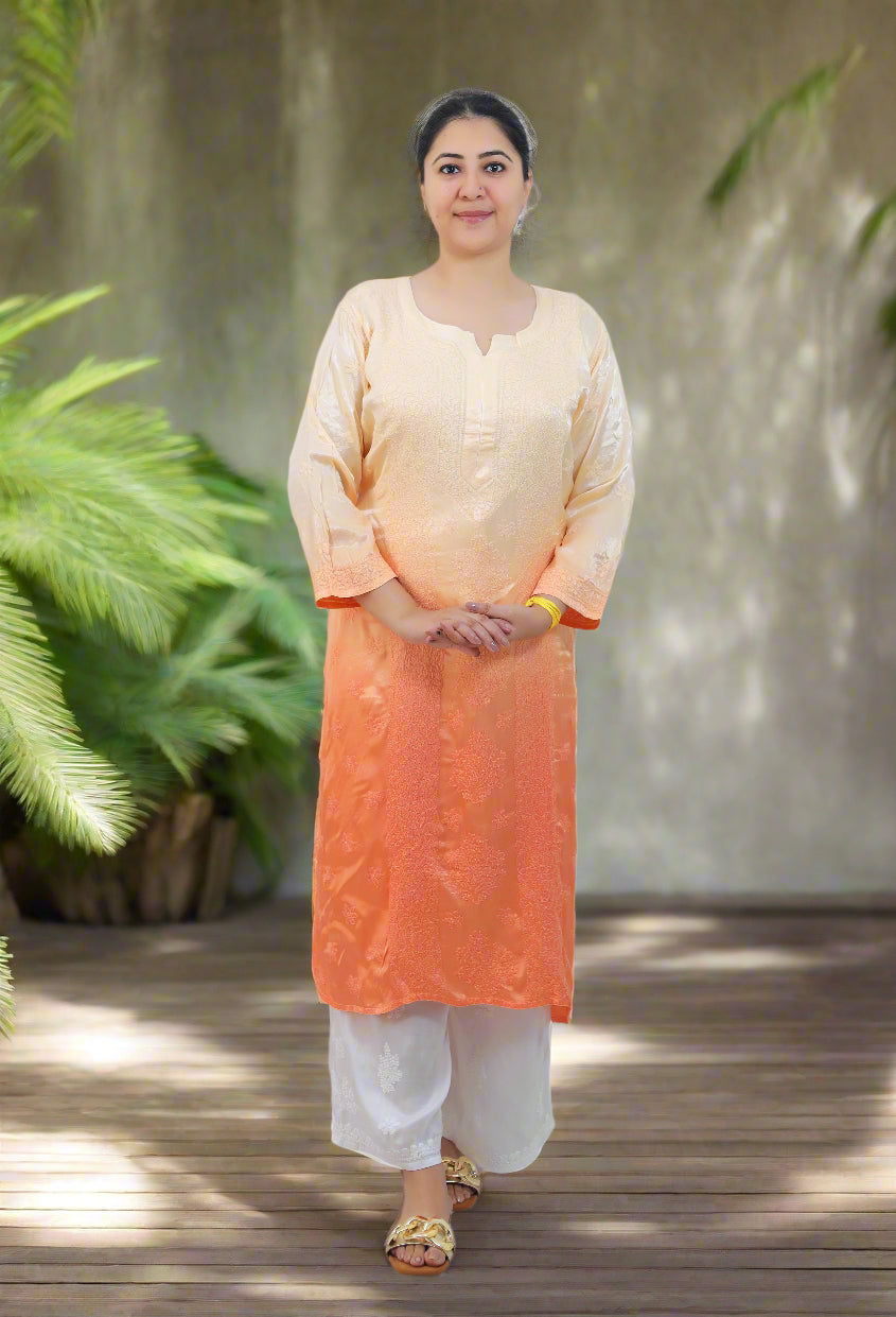Orange Ombre Modal Satin Chikankari Kurta