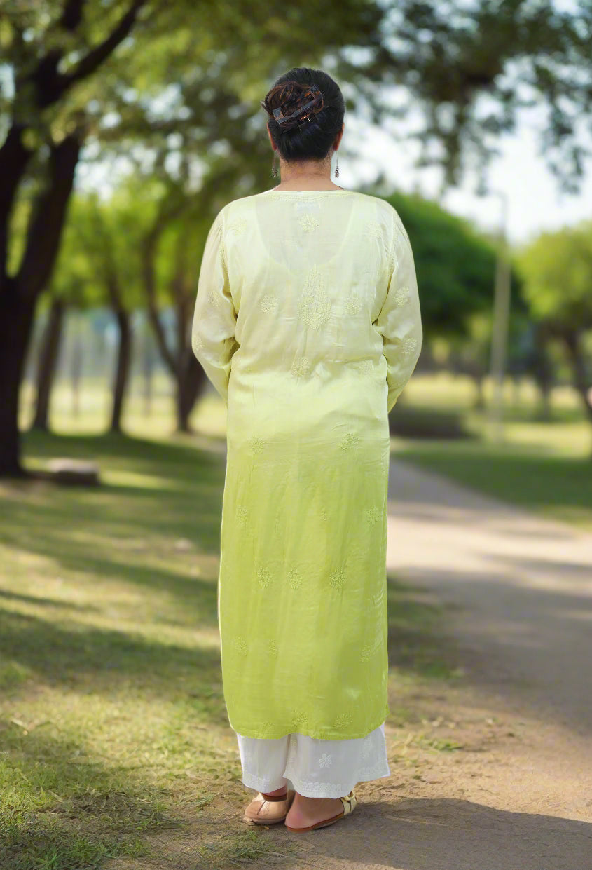Person wearing a light green kurta with white pants on a white background
