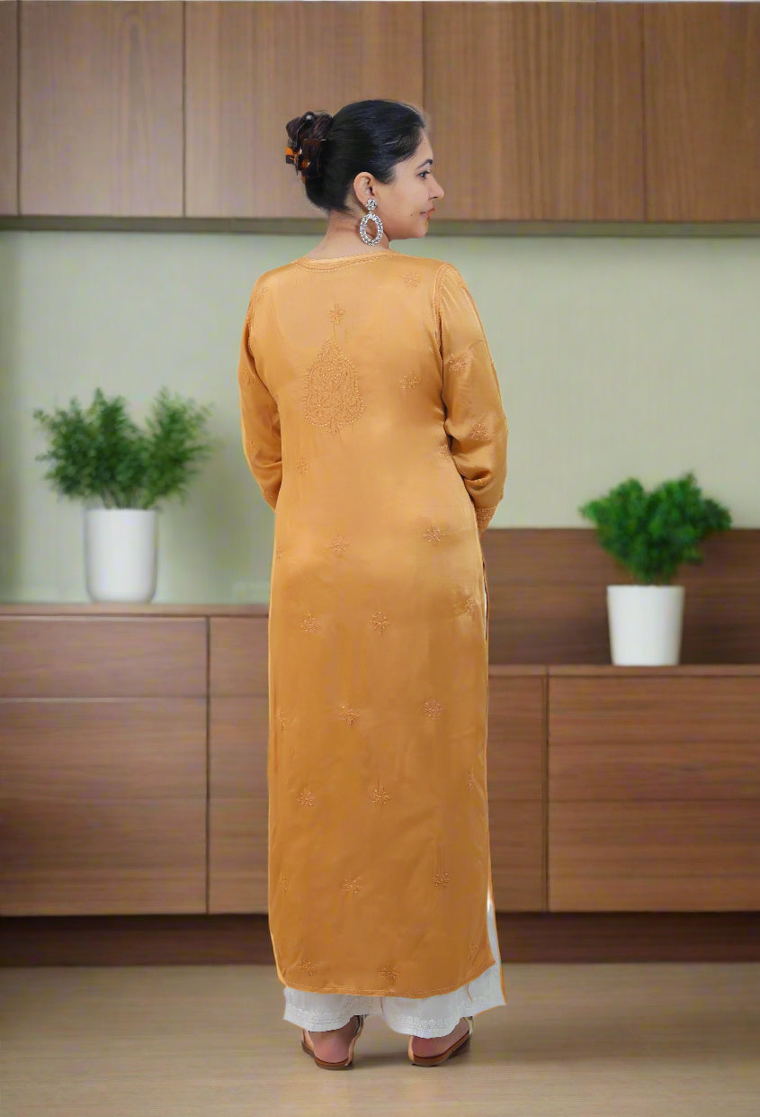 Golden Modal Satin Chikankari Kurta