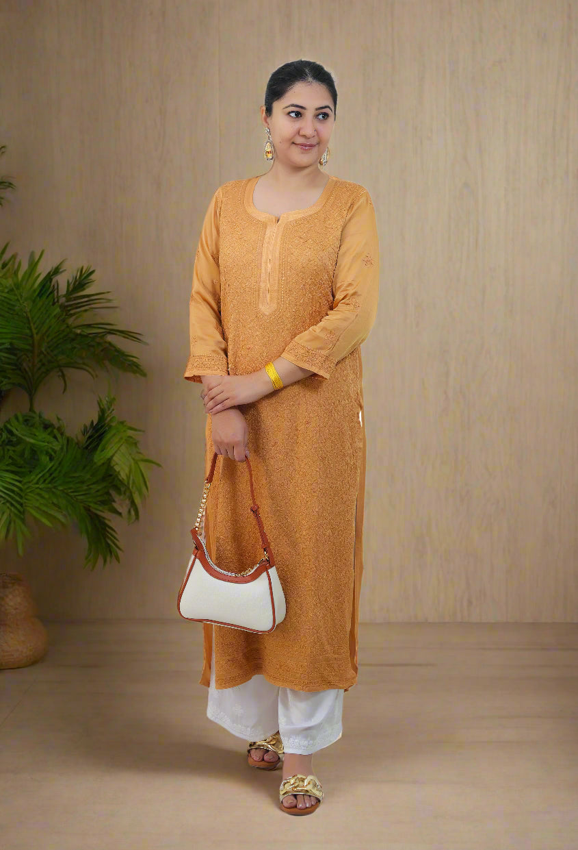Golden Modal Satin Chikankari Kurta