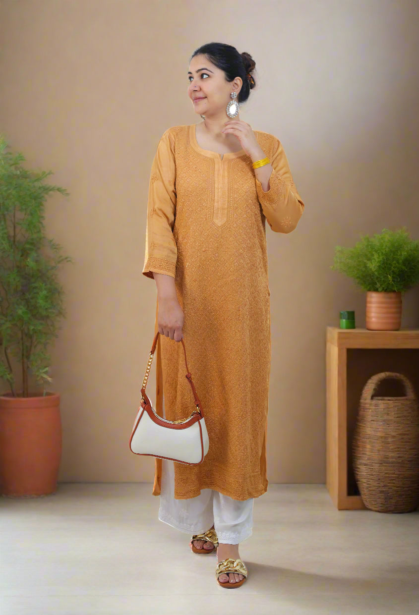 Golden Modal Satin Chikankari Kurta