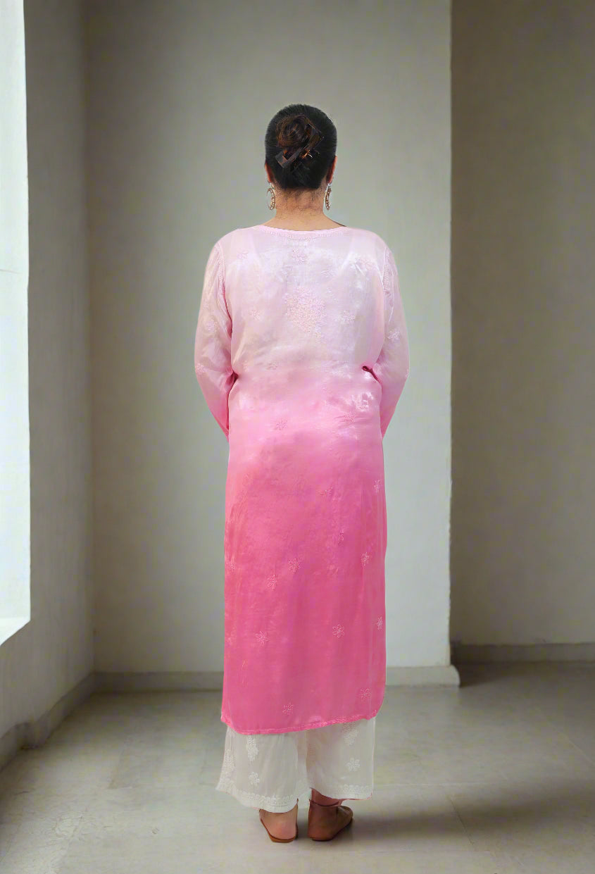 Pink Ombre Modal Satin Chikankari Kurta