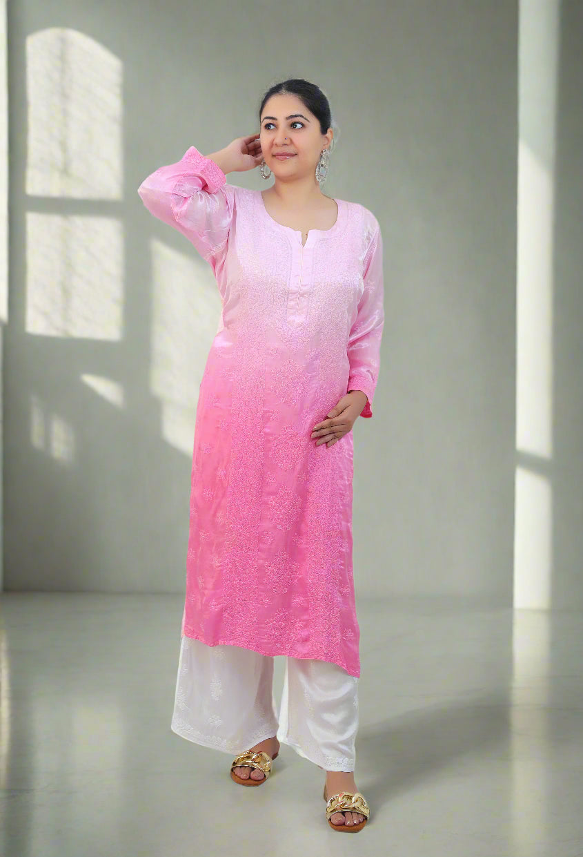 Pink Ombre Modal Satin Chikankari Kurta
