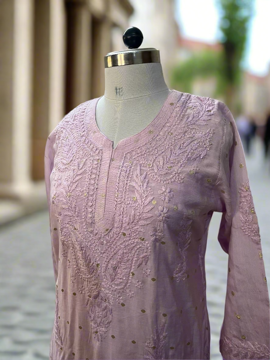 Lavender Chikankari Chanderi Kurta Pant Set