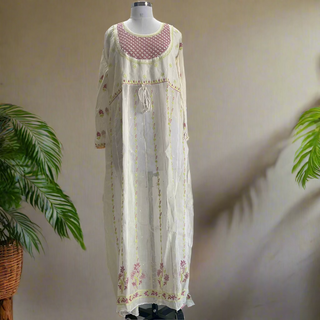 Semi-Stitched Pink Mul Chanderi Chikankari Kurta