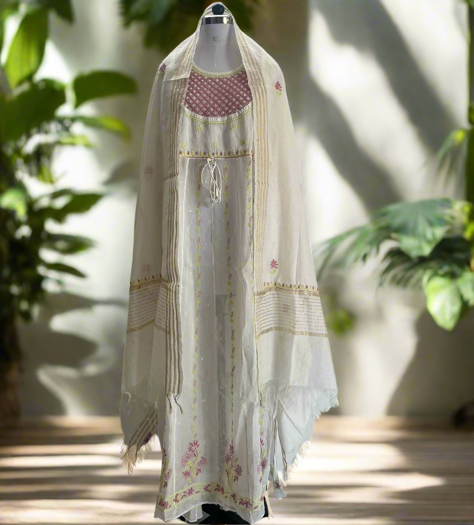 Semi-Stitched Pink Mul Chanderi Chikankari Kurta
