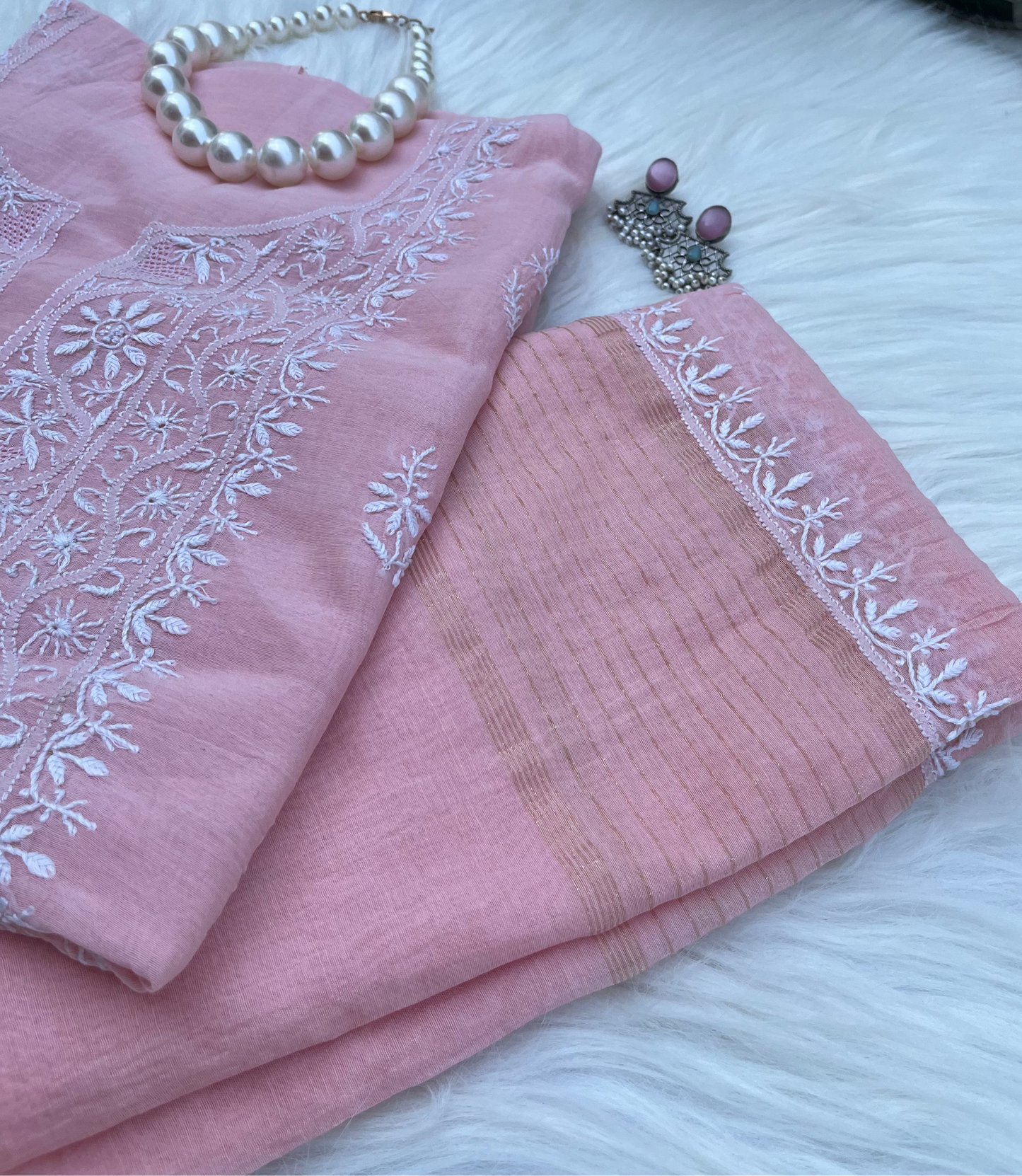 Lacto Pink Mul Chanderi Chikankari Suit Set