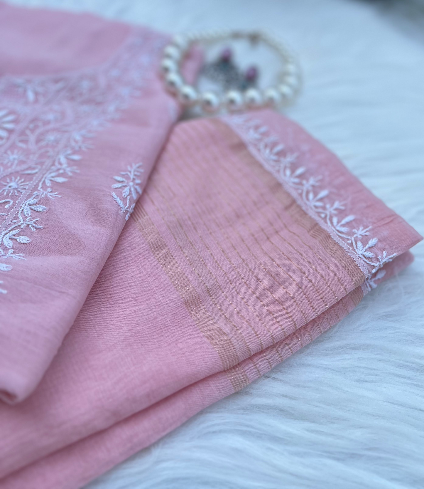 Lacto Pink Mul Chanderi Chikankari Suit Set