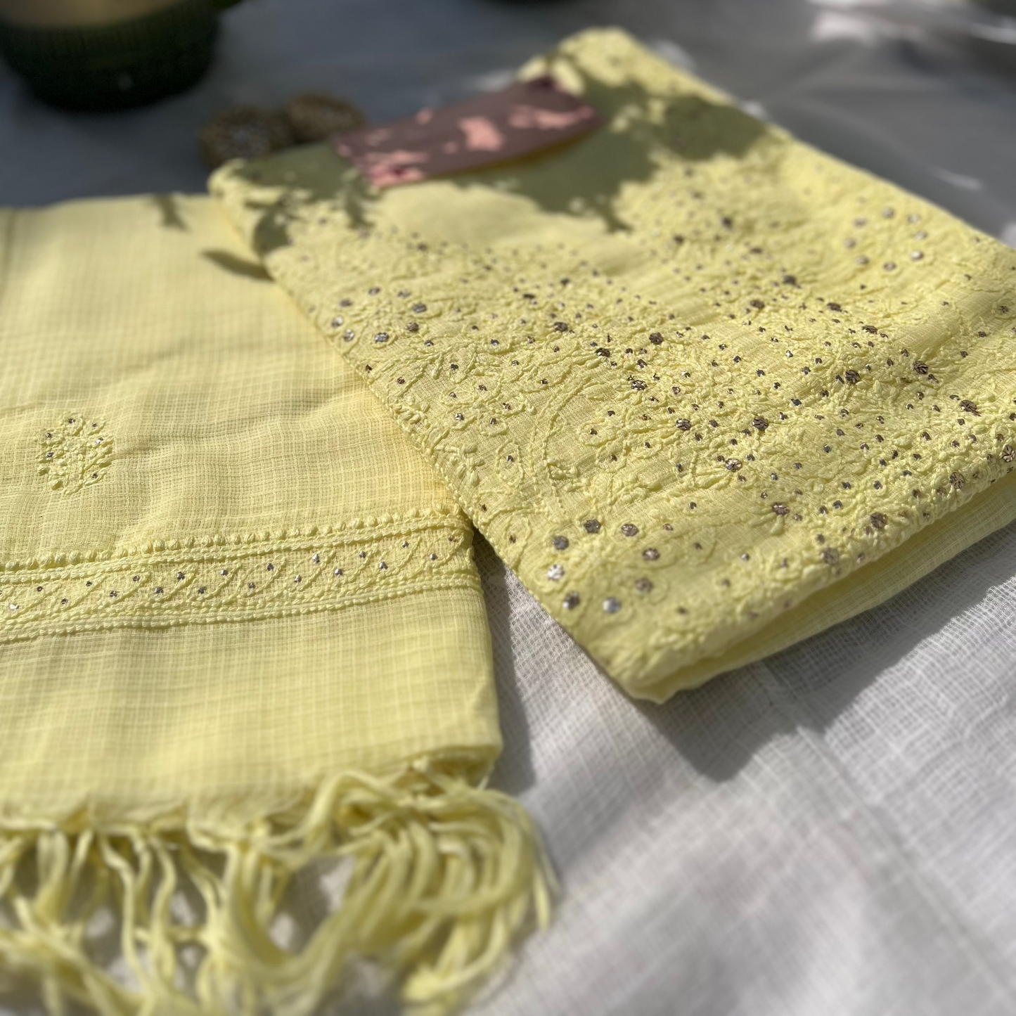 Yellow Kota Mukaish Chikankari Suit Set