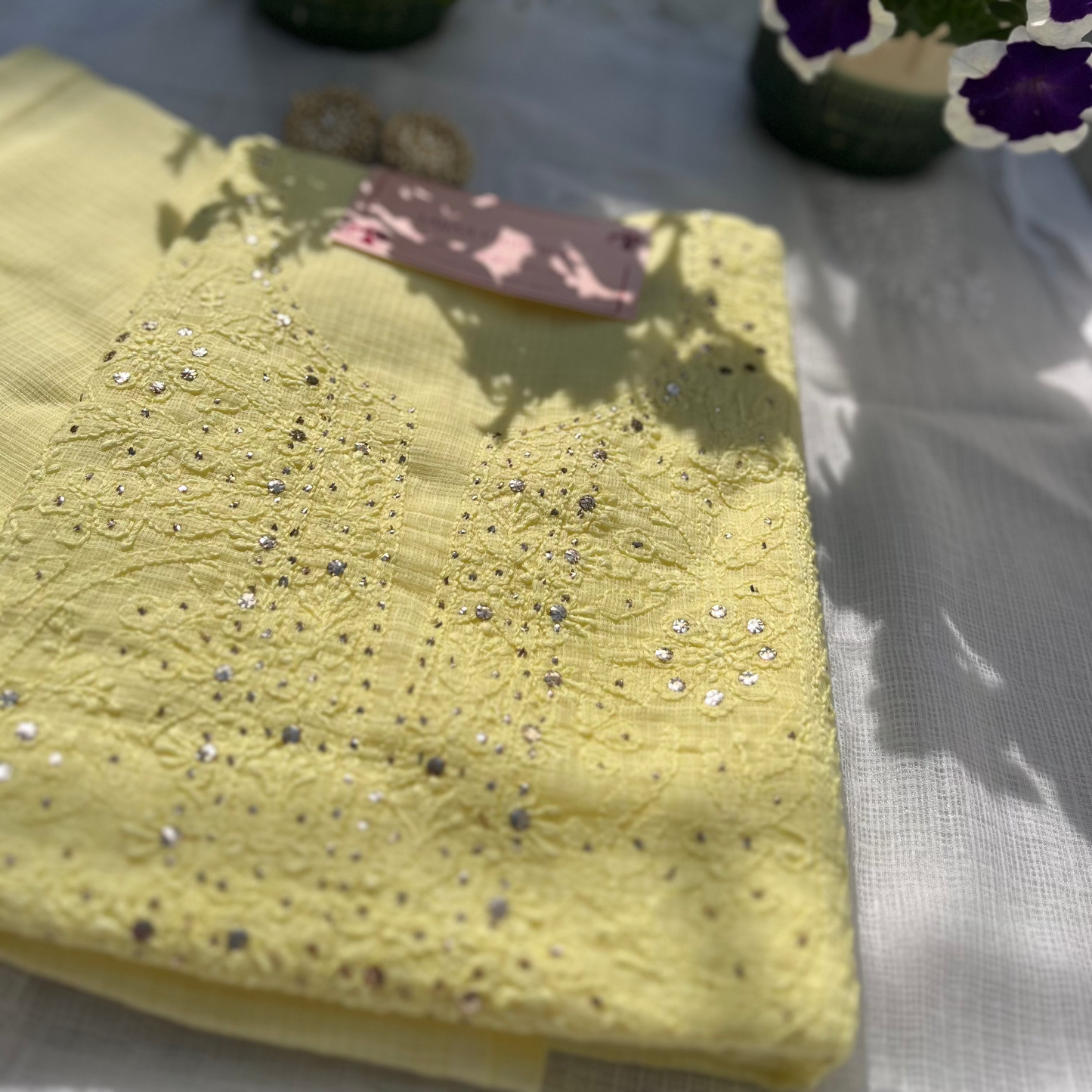 Yellow Kota Mukaish Chikankari Suit Set