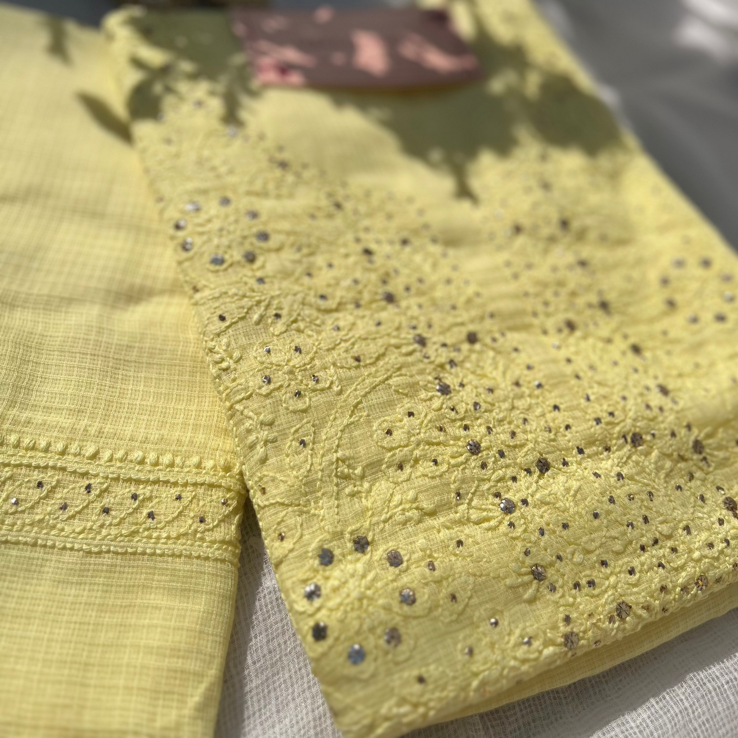 Yellow Kota Mukaish Chikankari Suit Set