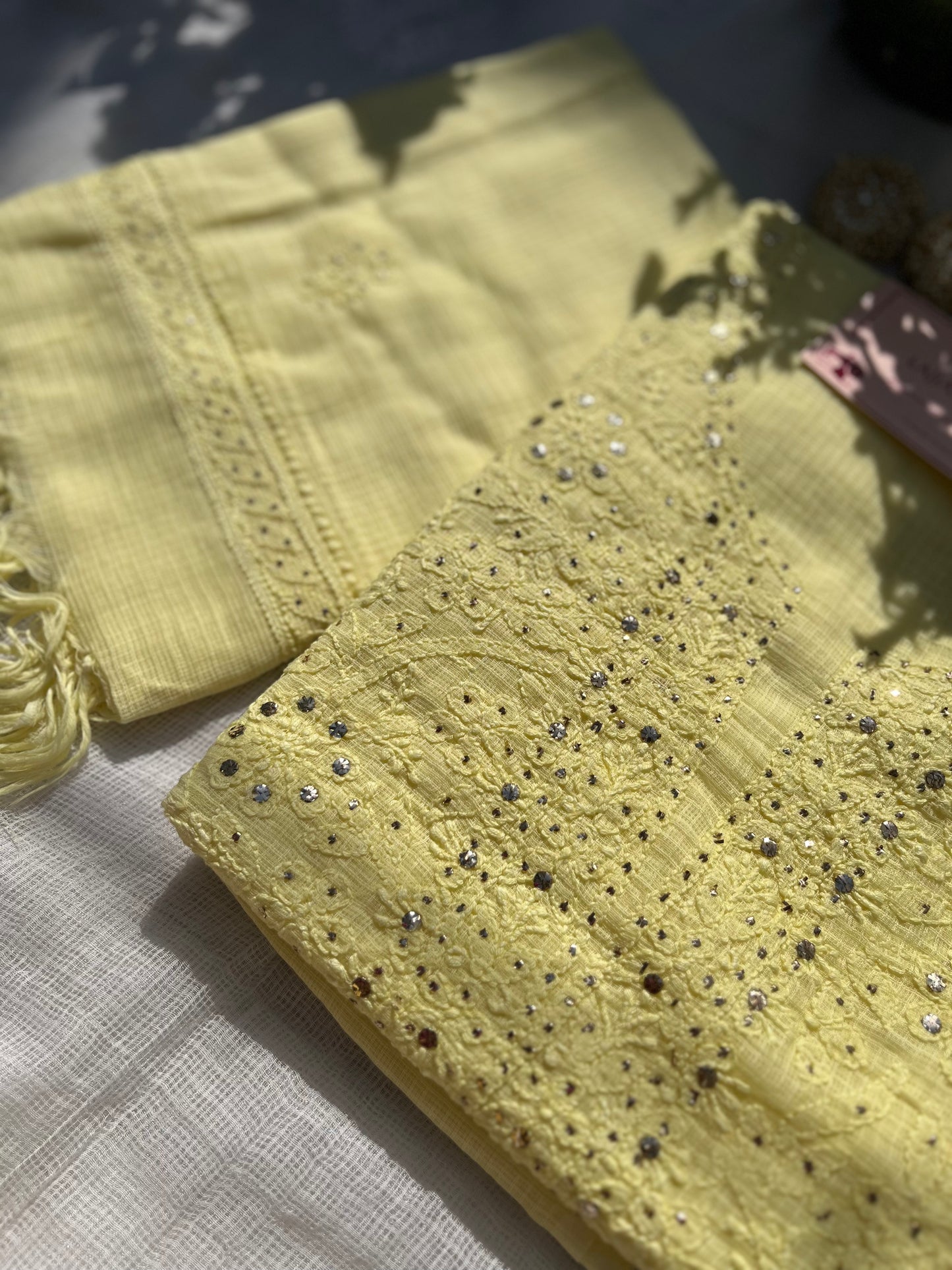 Yellow Kota Mukaish Chikankari Suit Set