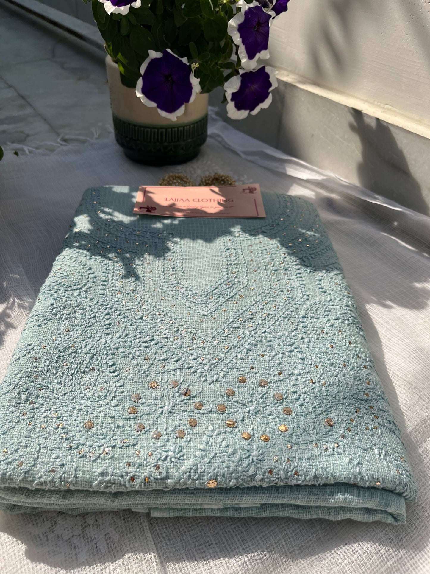 Greyish Blue Kota Mukaish Chikankari Suit Set