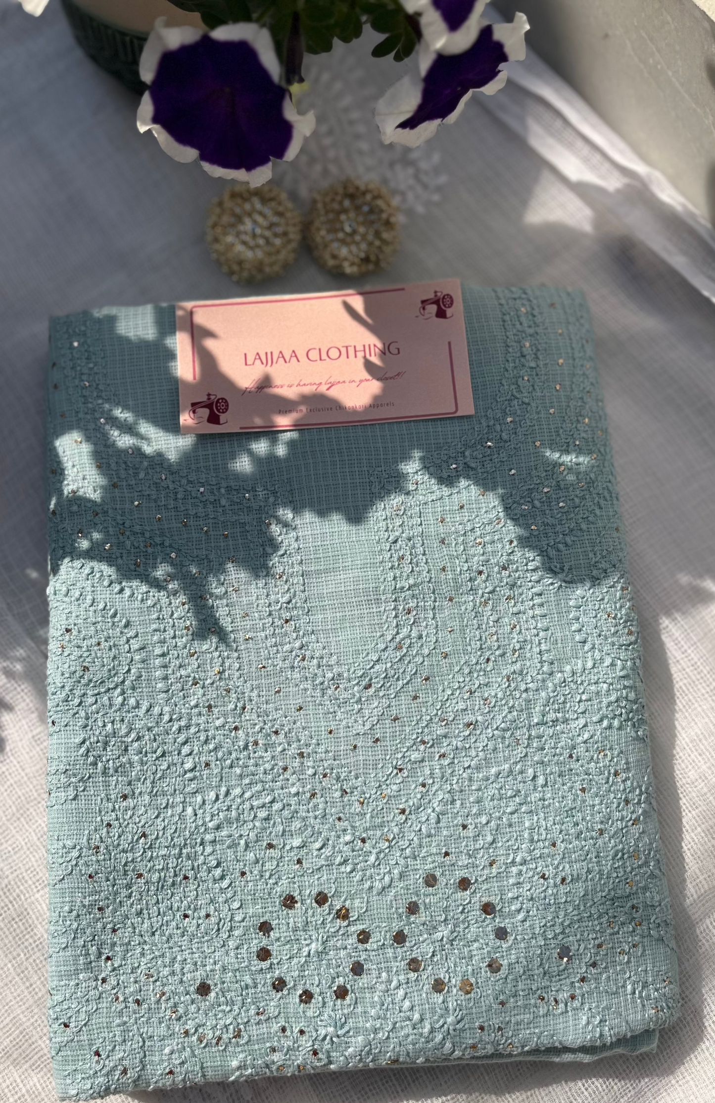 Greyish Blue Kota Mukaish Chikankari Suit Set
