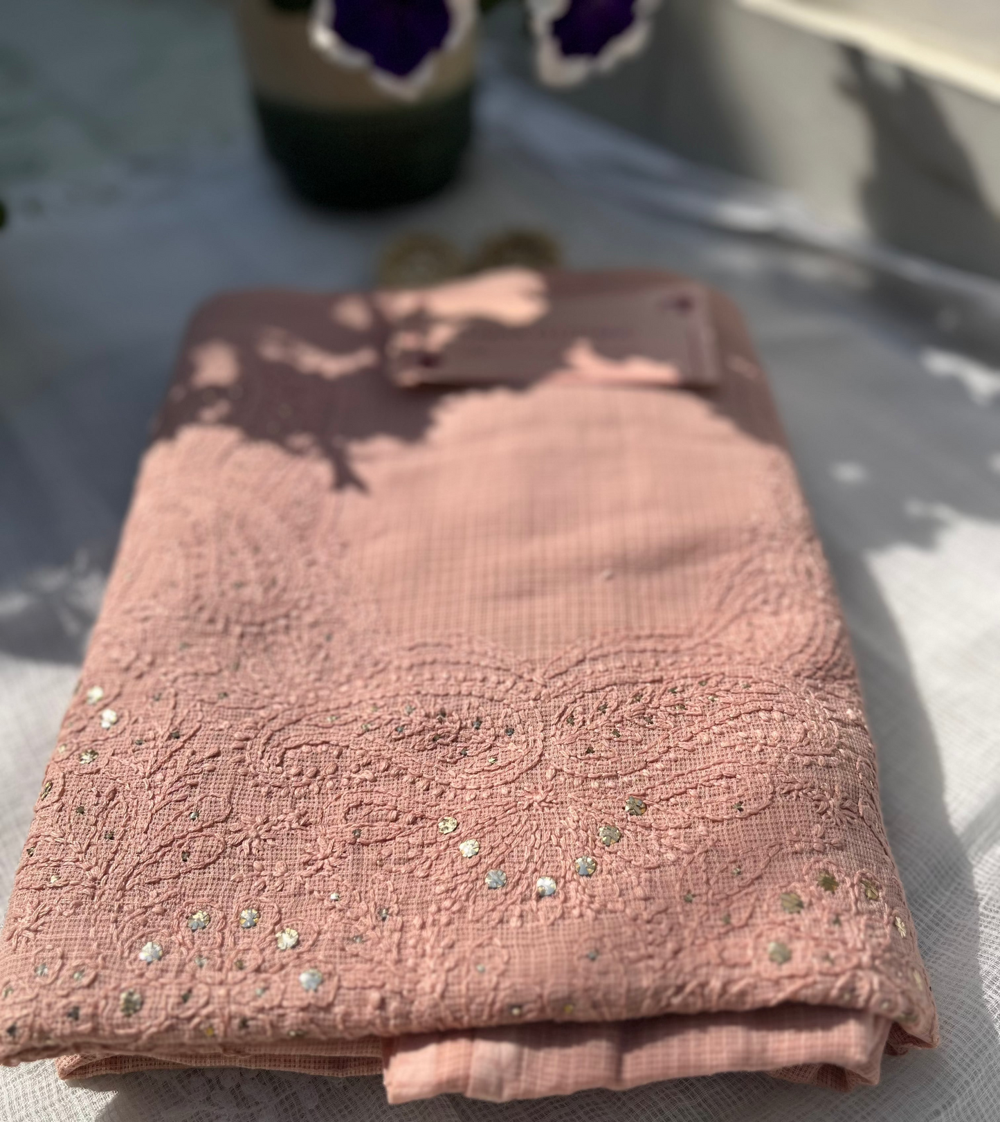 Peach Kota Mukaish Chikankari Suit Set