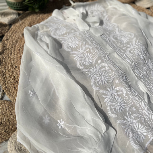 Semi-Stitched White Organza Chikankari Shirt