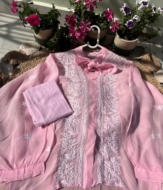 Semi-Stitched Pink Organza Chikankari Shirt