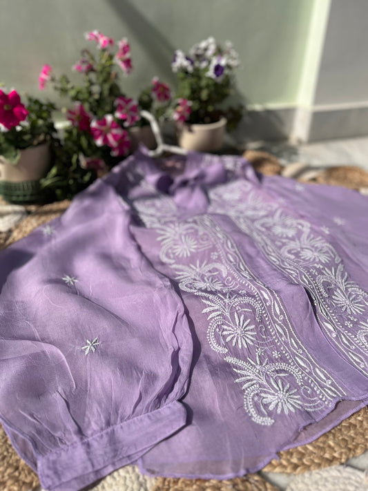 Semi-Stitched Purple Organza Chikankari Shirt
