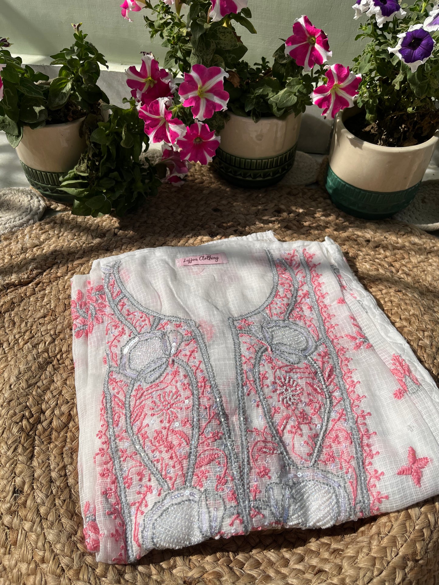 Kota Doriya Semi-Stitched Kurta in Grey and Pink