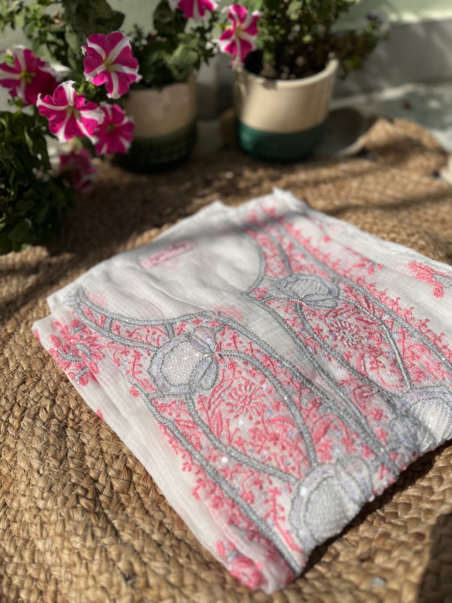 Kota Doriya Semi-Stitched Kurta in Grey and Pink
