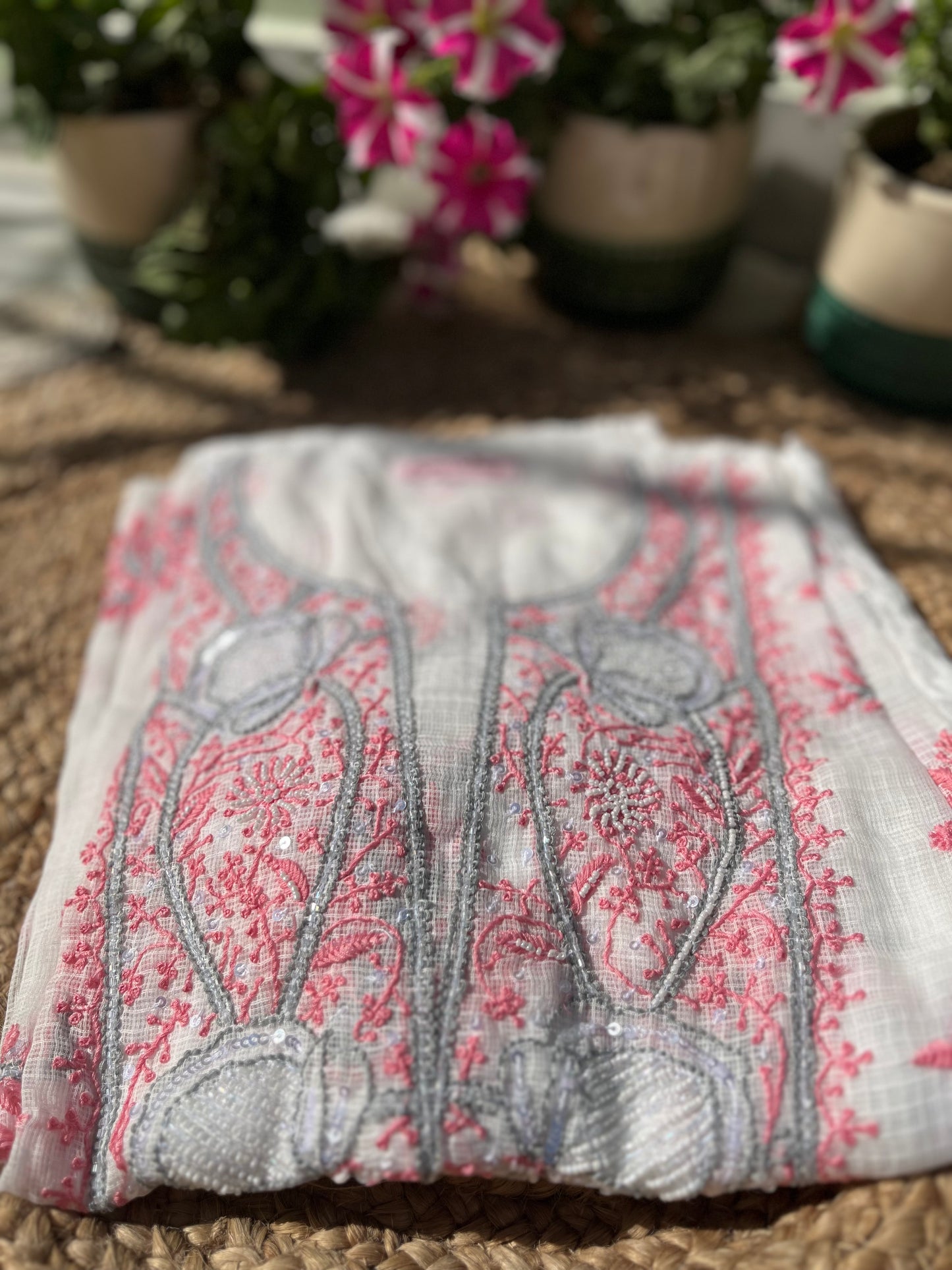 Kota Doriya Semi-Stitched Kurta in Grey and Pink