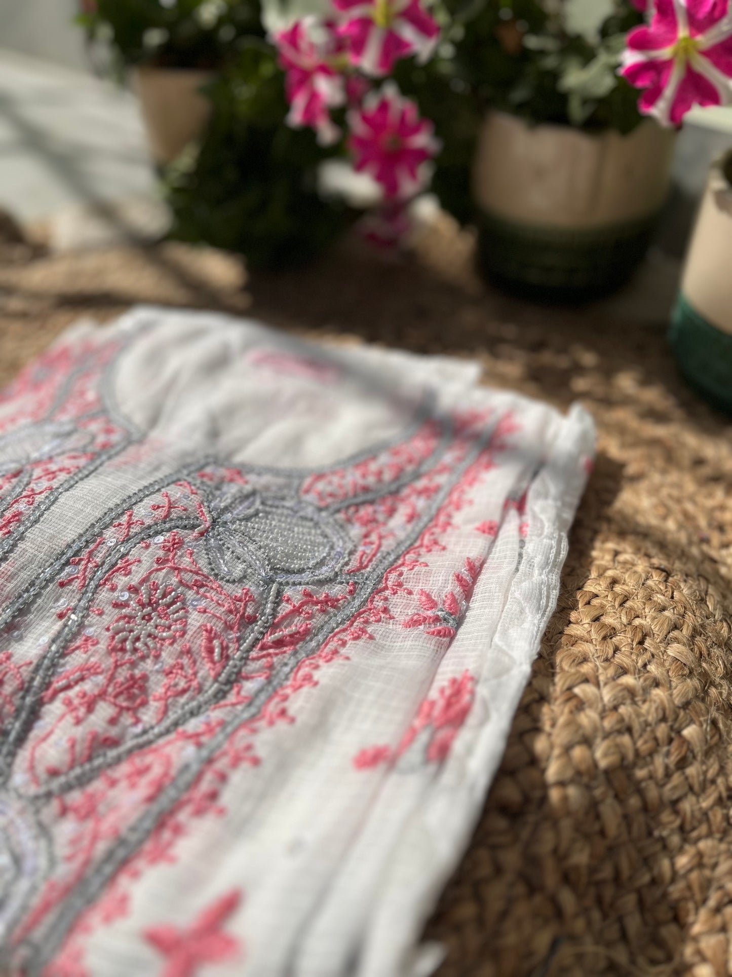 Kota Doriya Semi-Stitched Kurta in Grey and Pink