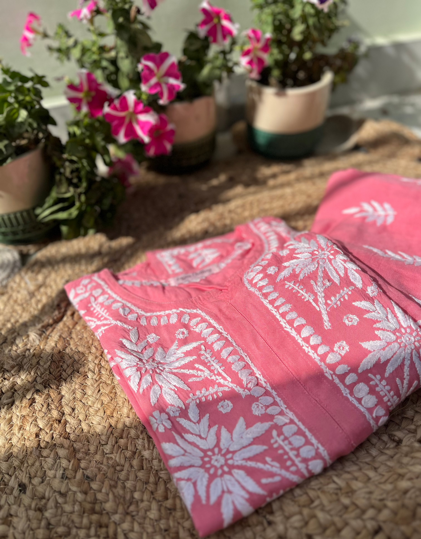 Pink Chikankari Modal Kurta Pant Set