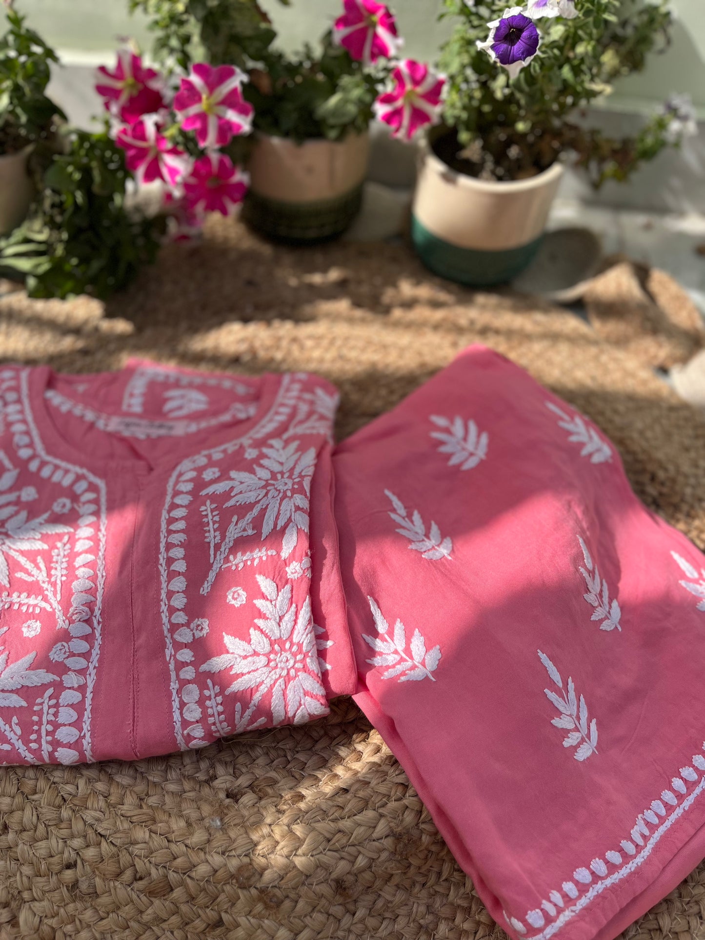 Pink Chikankari Modal Kurta Pant Set