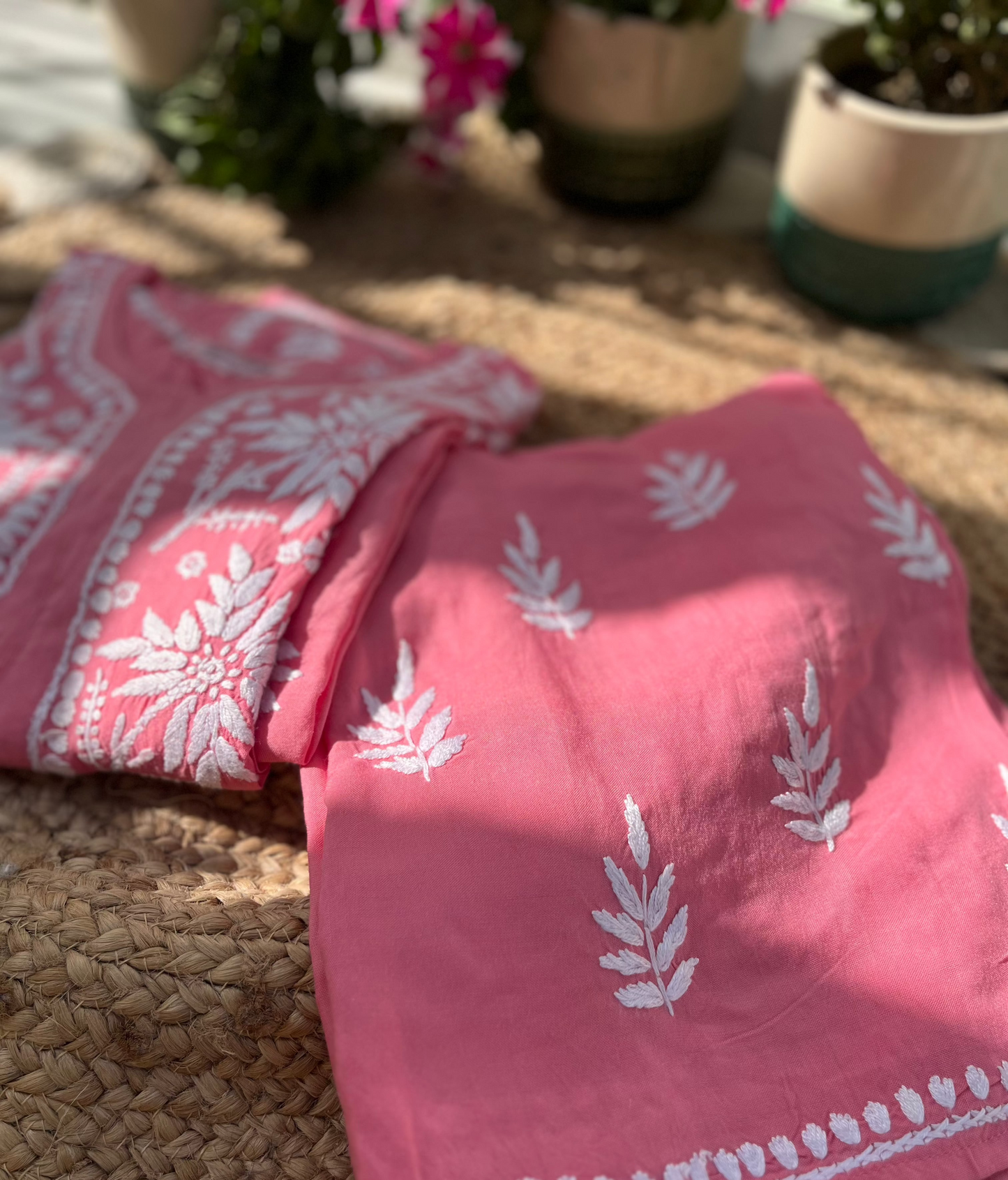 Pink Chikankari Modal Kurta Pant Set