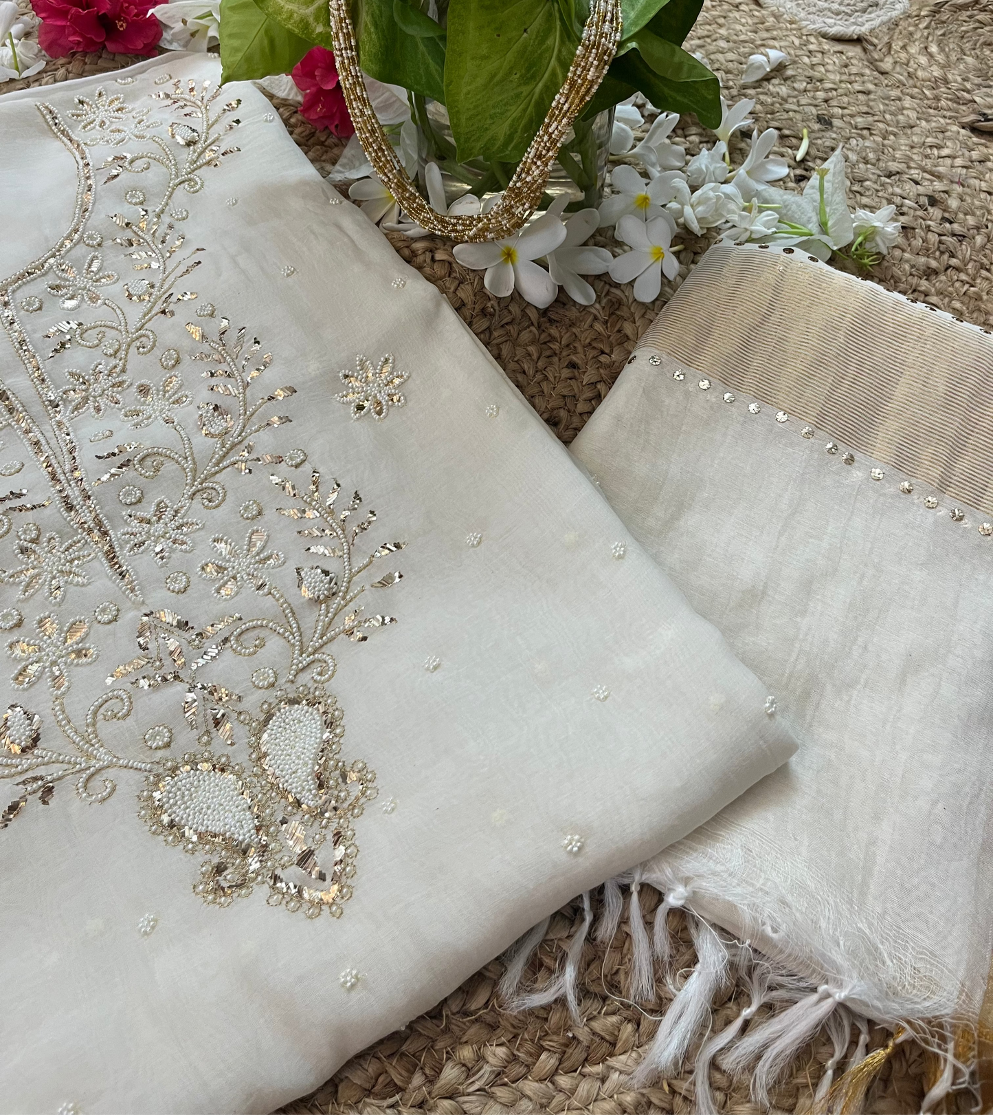 White Badla Chikankari Suit Set