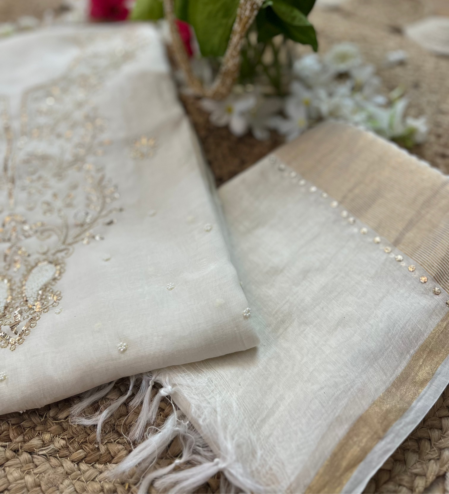 White Badla Chikankari Suit Set