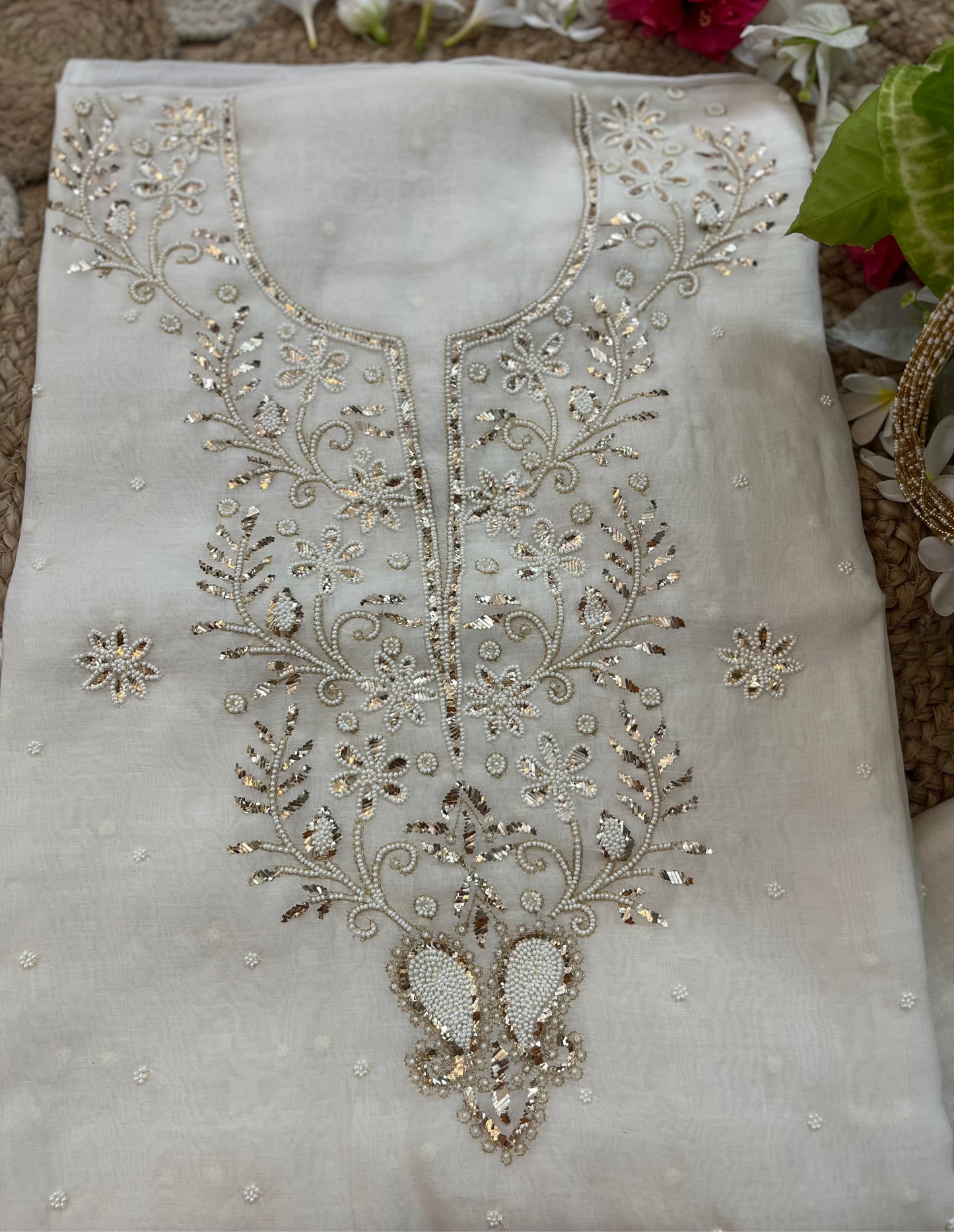 White Badla Chikankari Suit Set