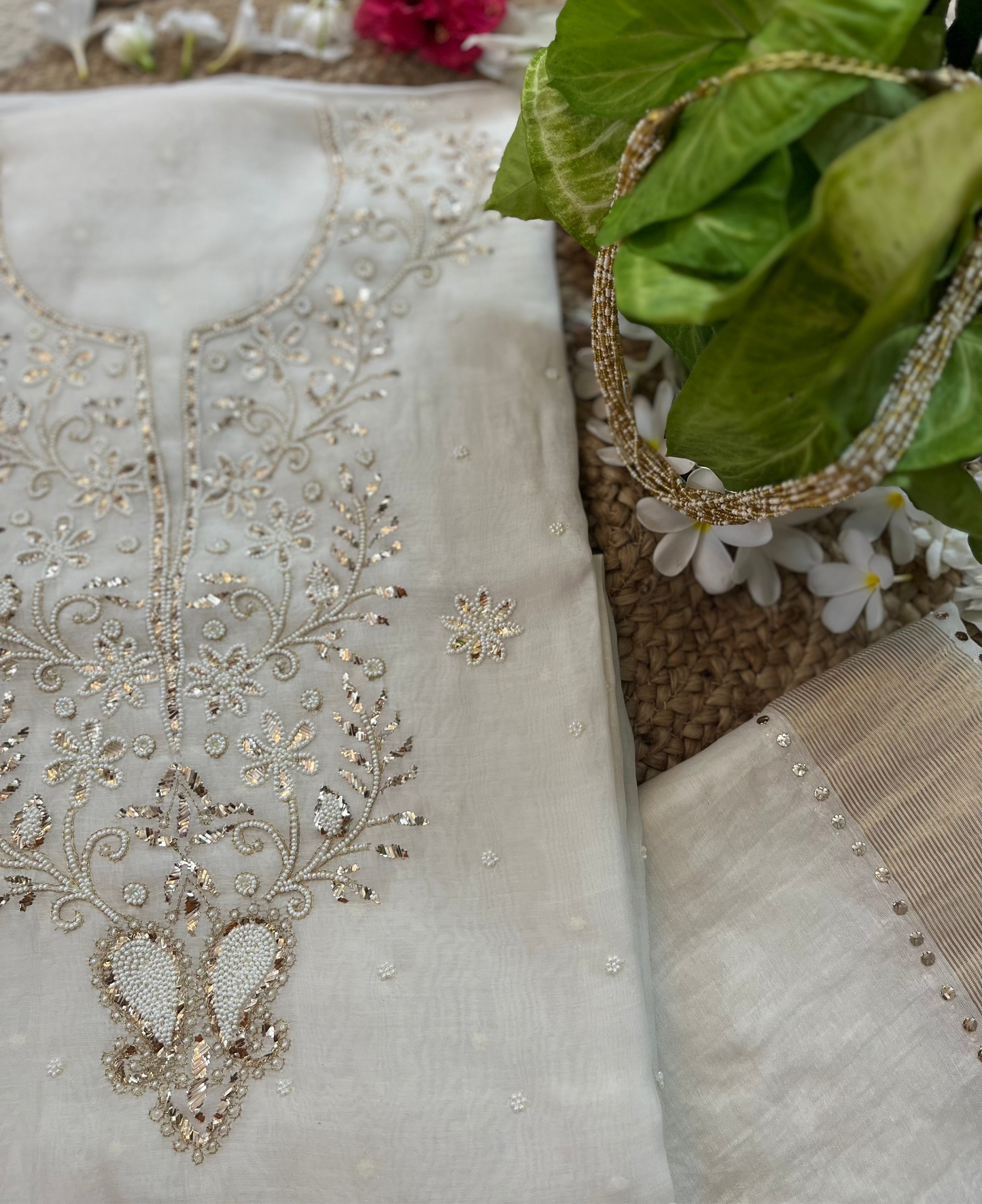 White Badla Chikankari Suit Set