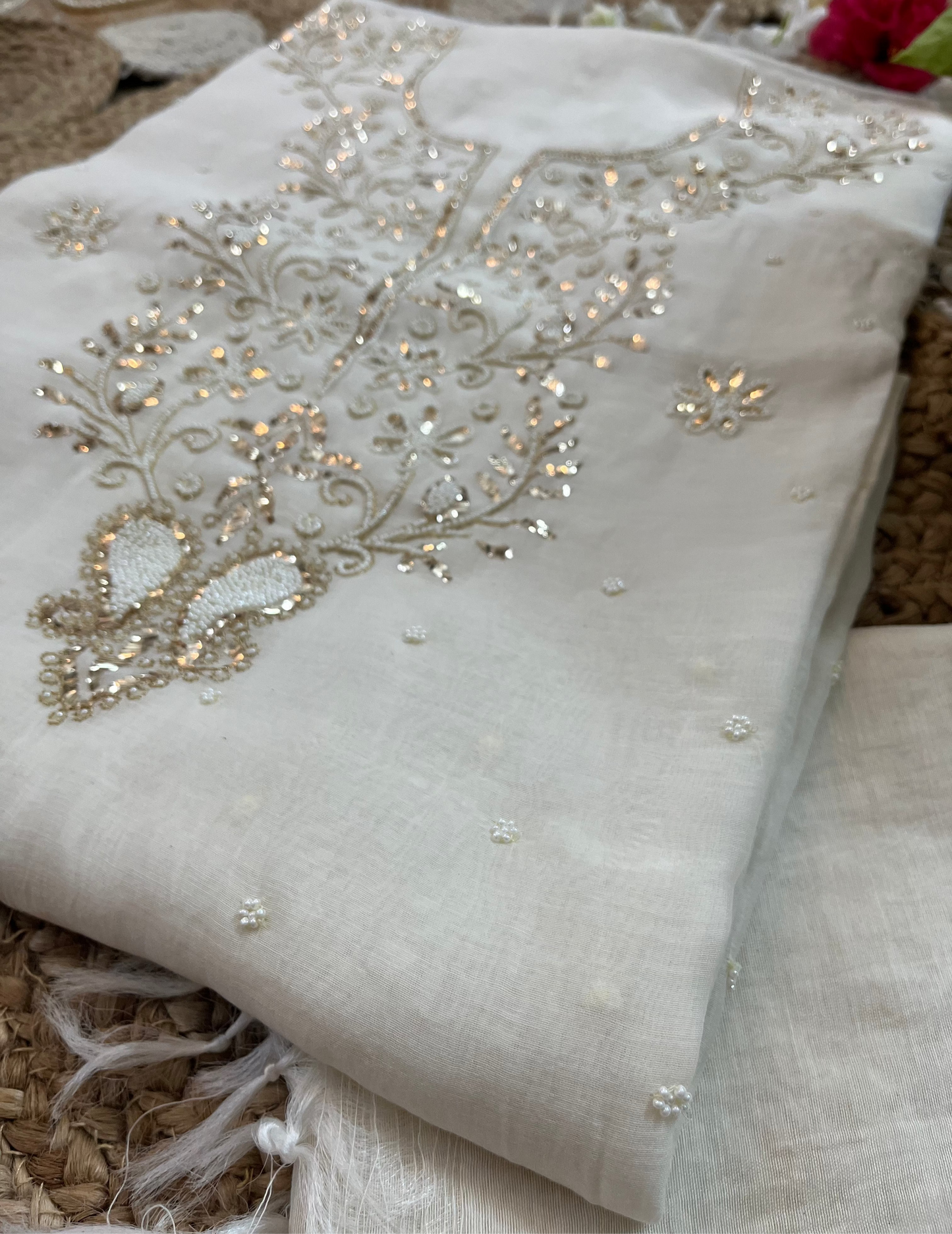 White Badla Chikankari Suit Set