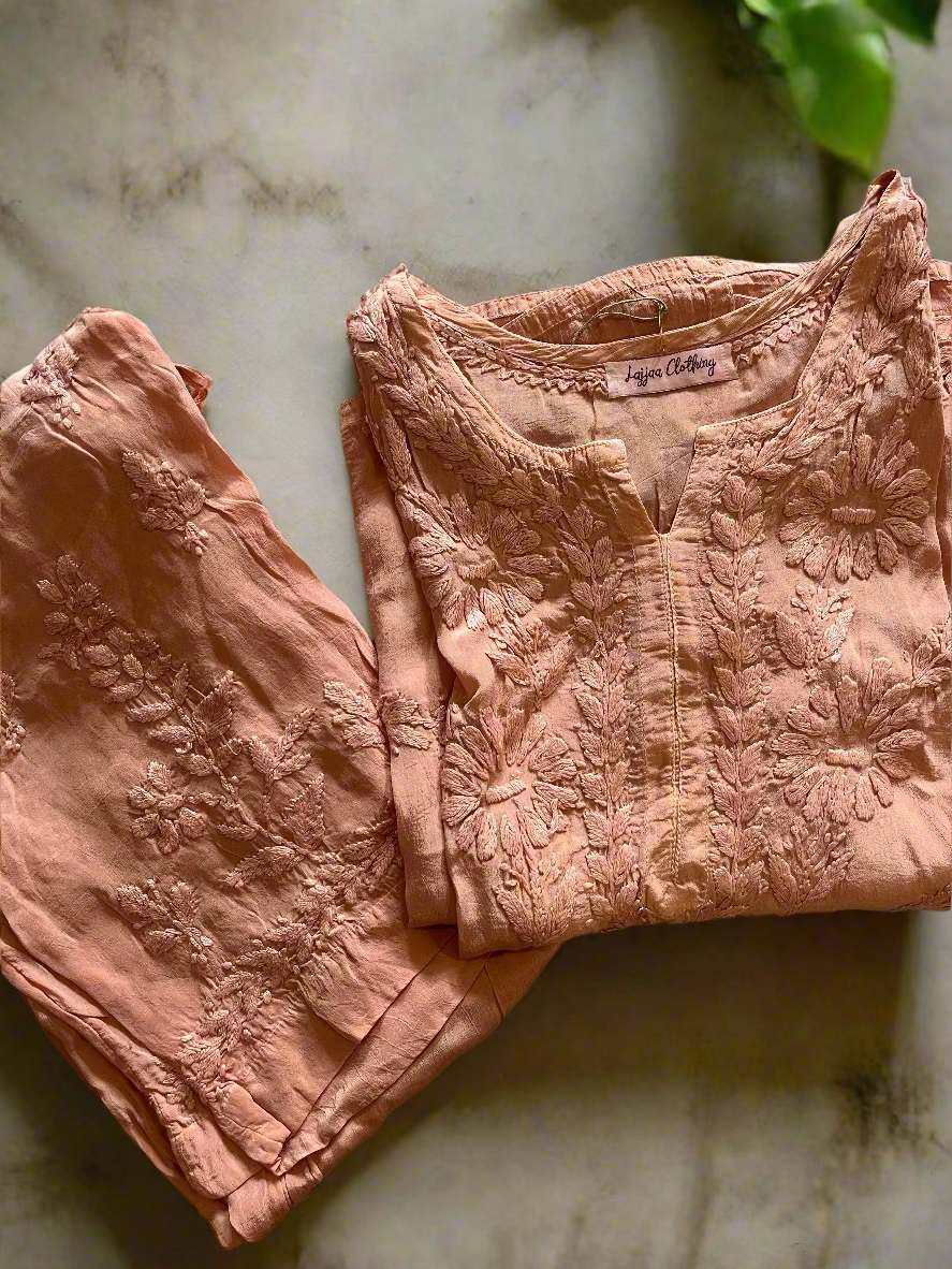 Nude Pink Crepe Chikankari Kurta Pant