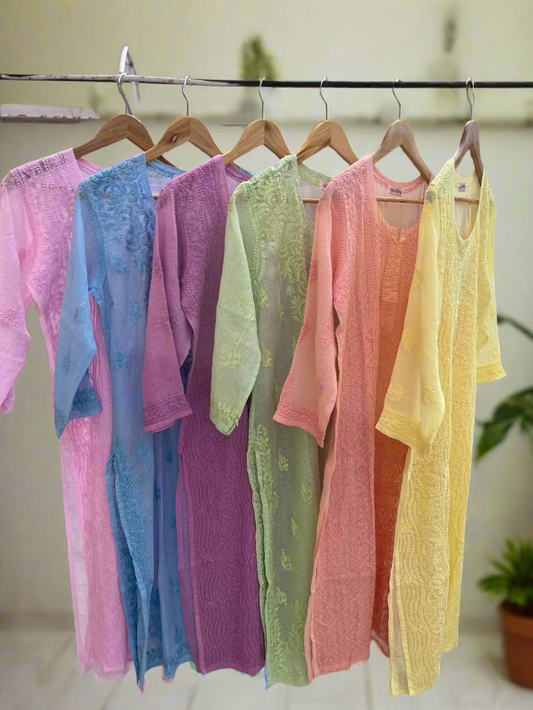 Peach Kota Doriya Chikankari Kurta