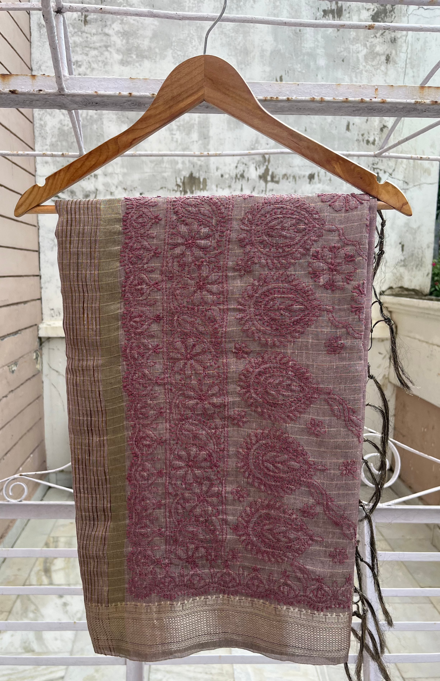 Plum Tissue Chanderi Chikankari Saree
