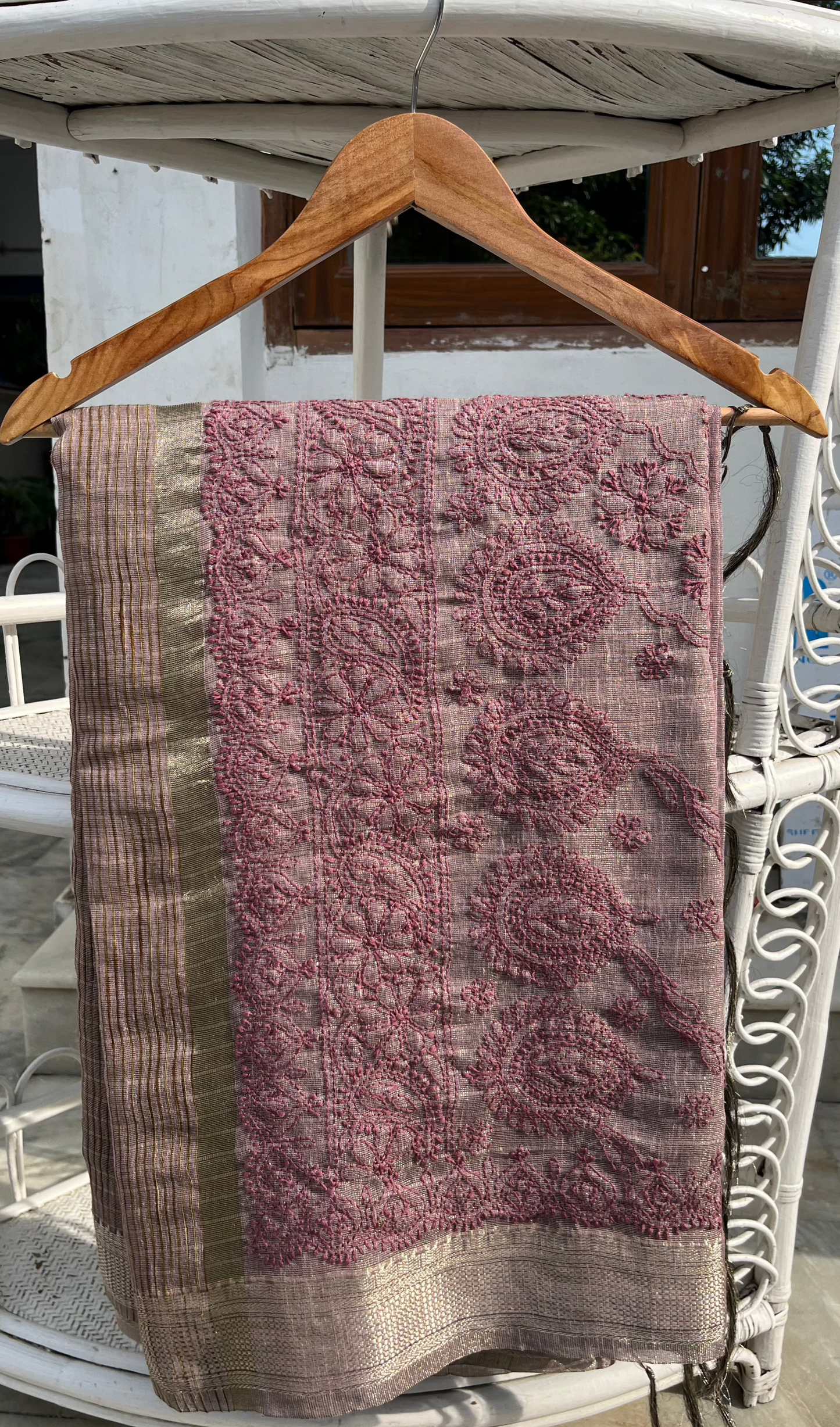 Plum Tissue Chanderi Chikankari Saree