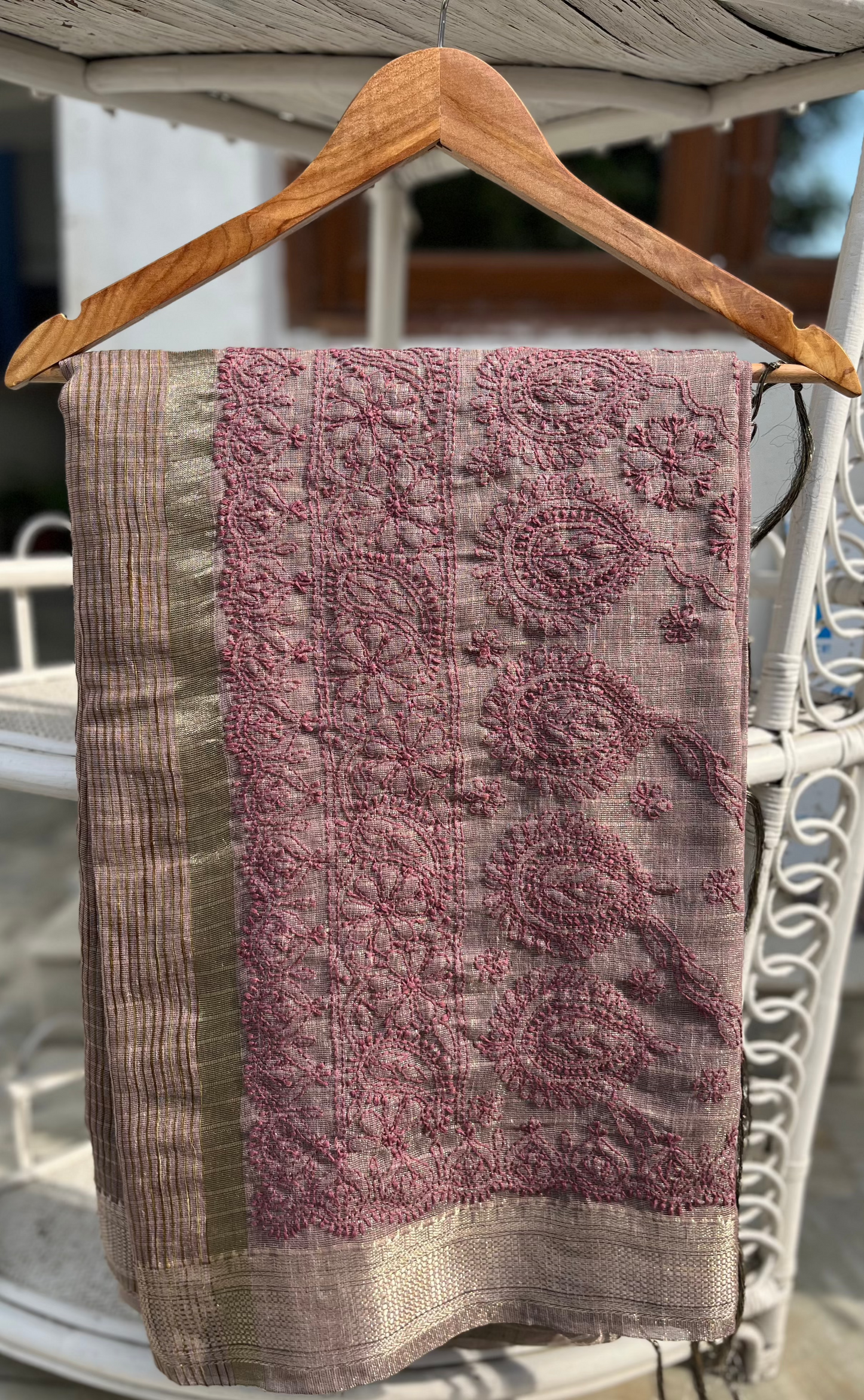 Plum Tissue Chanderi Chikankari Saree