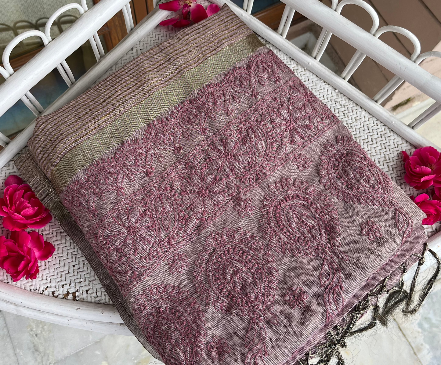 Plum Tissue Chanderi Chikankari Saree
