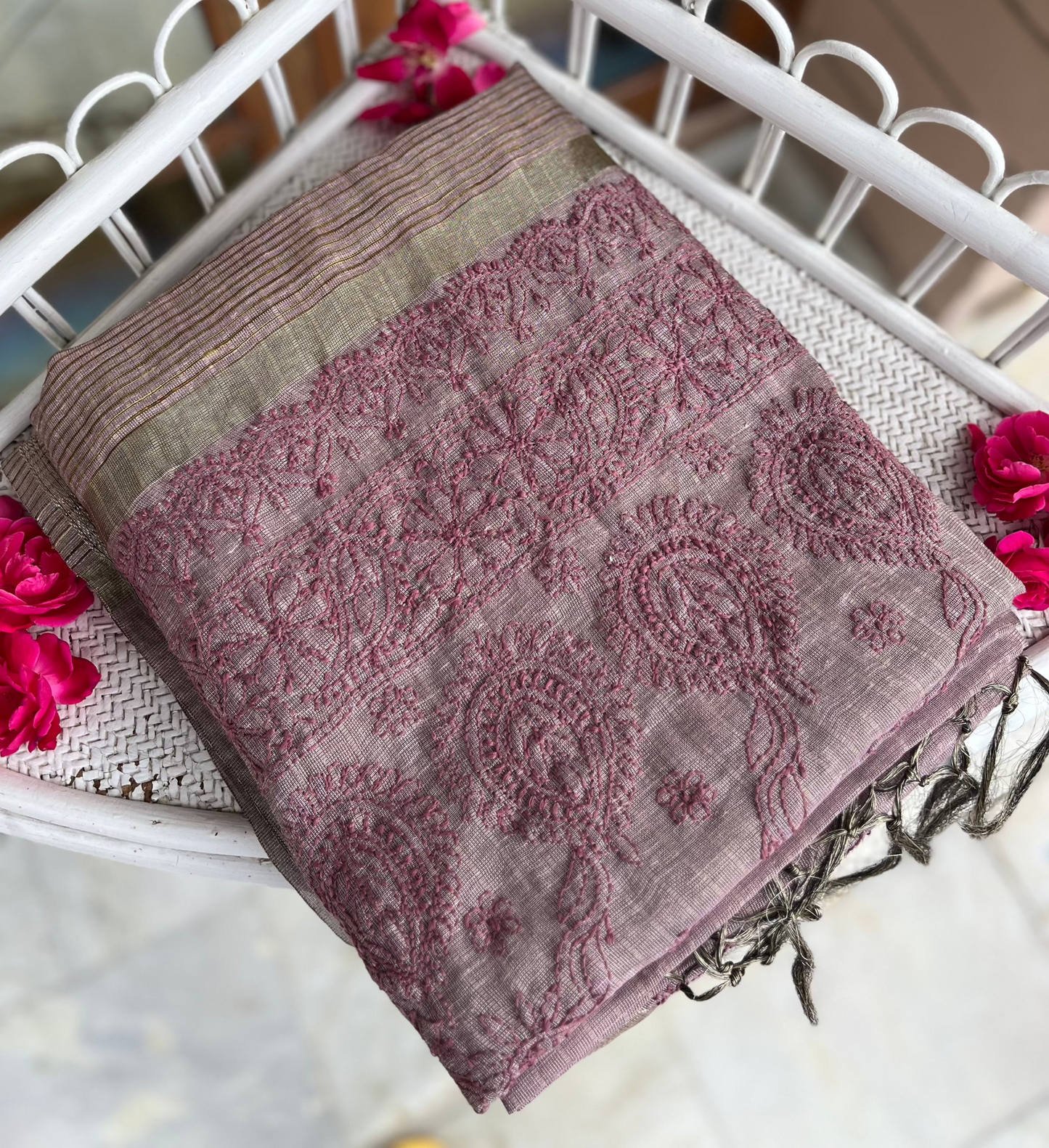 Plum Tissue Chanderi Chikankari Saree