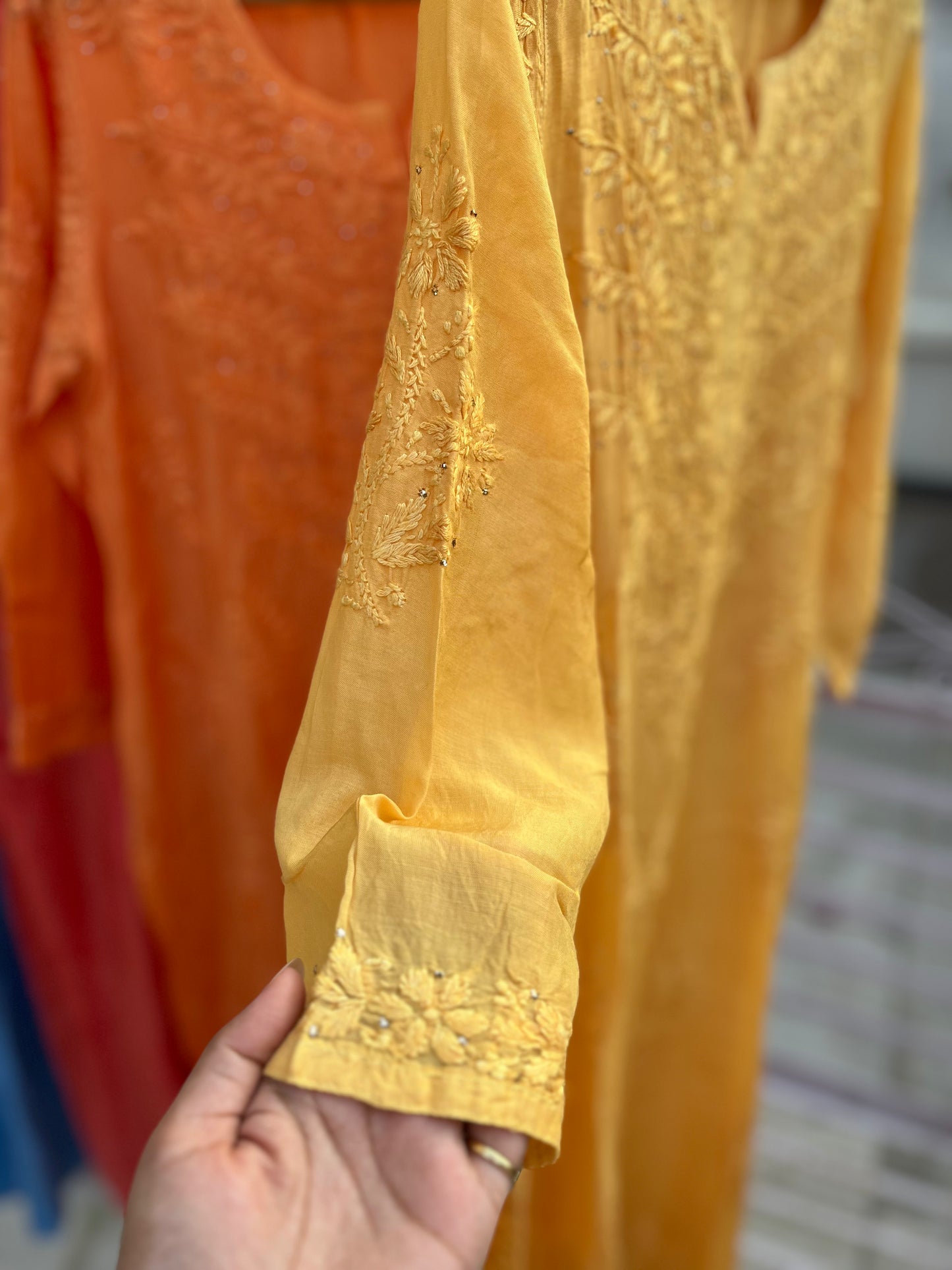 Yellow Muslin Mukaish Chikankari Kurta Pant Set