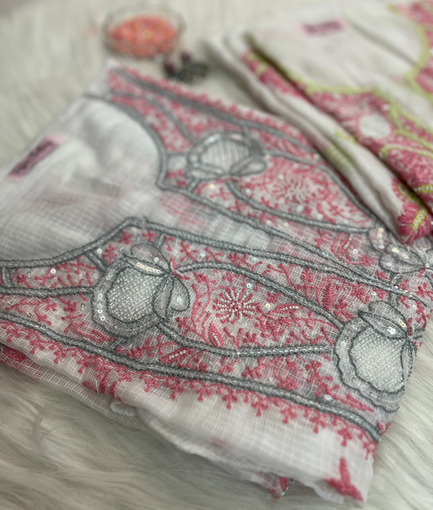 Kota Doriya Semi-Stitched Kurta in Grey and Pink