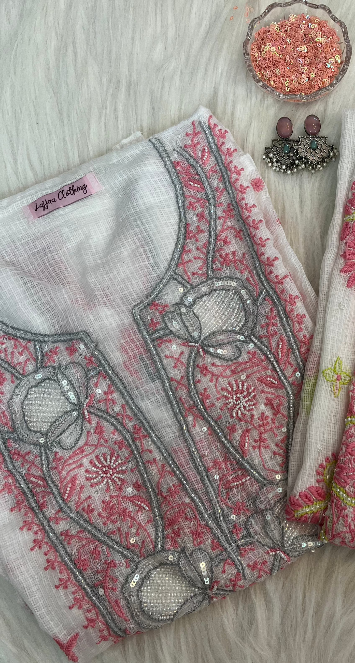 Kota Doriya Semi-Stitched Kurta in Grey and Pink